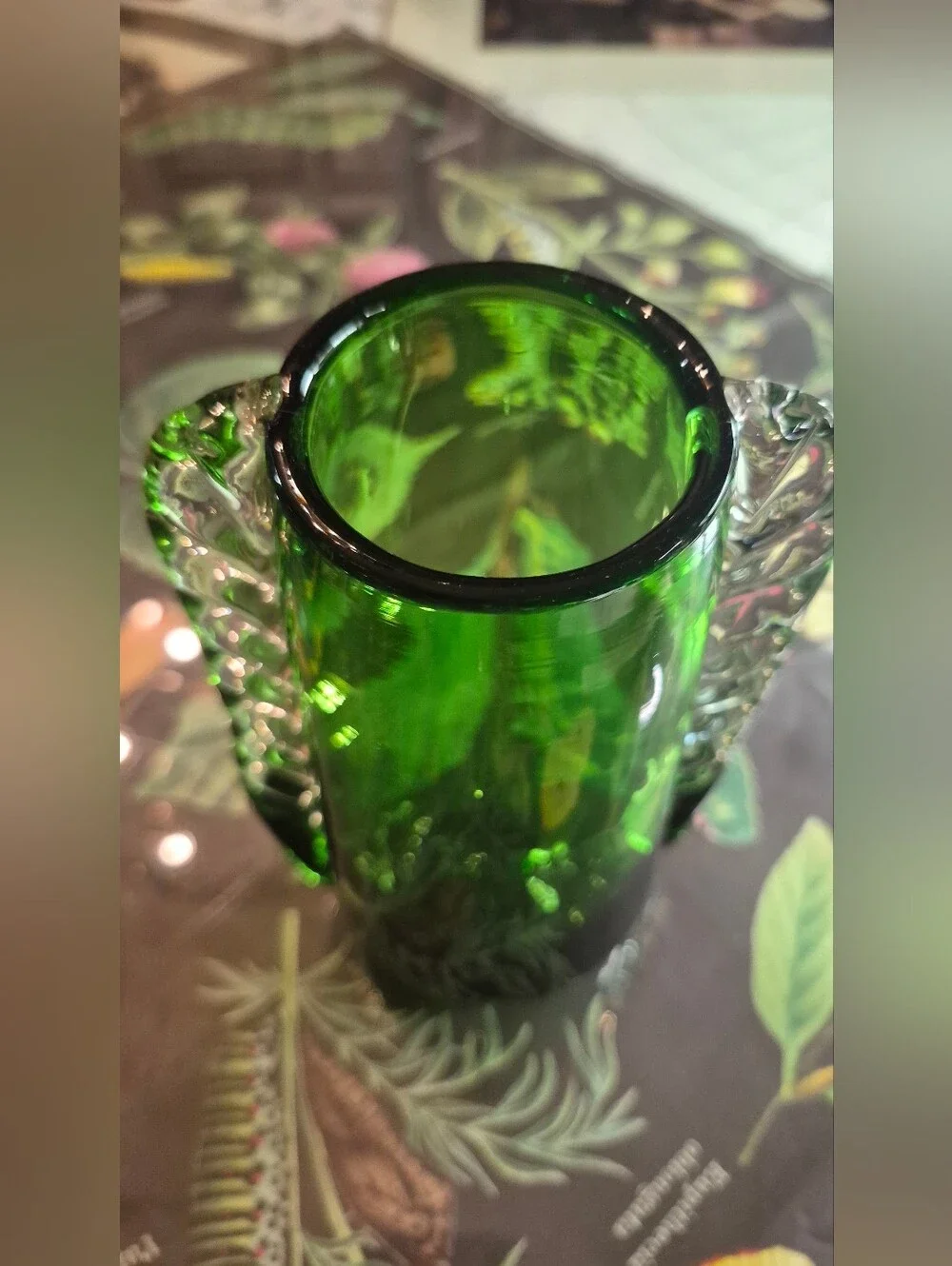 Green Glass Decorative Vase with Twisted Clear Handles